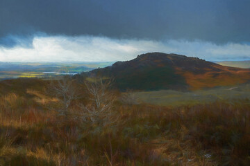 Digital oil painting of a bleak winter landscape in the Staffordshire Peak District National Park.