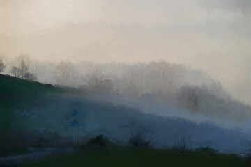 A rural digital oil painting of a UK landscape in the mist and fog at The Roaches, Staffordshire.