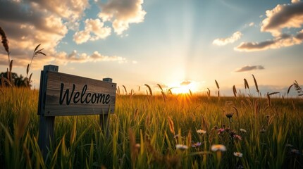 Field Landscape with a "Welcome" Sign and a Sunrise or Sunset in the Background, Wallpaper Background
