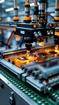 Automated Robotic Arm Assembling a Circuit Board in a Modern Factory: Advanced Manufacturing Process of Electronic Components