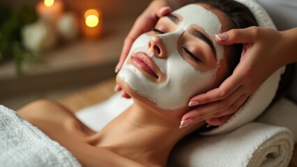  Woman receiving facial massage with white cosmetic mask in spa, relaxing on massage table with soft towels and warm candlelight, professional skincare treatment and wellness therapy concept