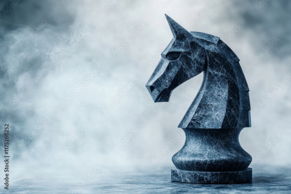 Poster a hyper-realistic depiction of a marble chess knight, showing every detail of its carved mane, crack