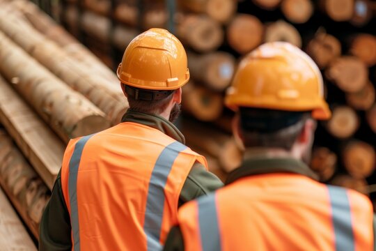Two construction workers wearing orange safety helmets and vests, observing wooden logs in storage area, industrial setting - Powered by Adobe