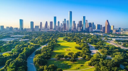 Houston Skyline Overlooking Lush Green Parkland