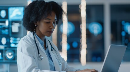 A Focused Female Medical Professional Working on a Laptop in a Modern Healthcare Environment with Advanced Technology and Medical Data Visualizations