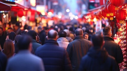 A bustling street filled with people, decorated for a festive occasion.