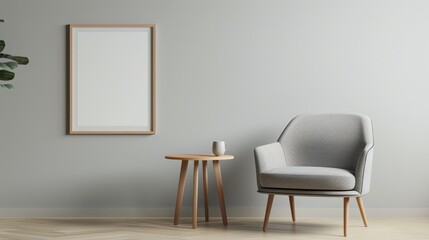 Cozy Interior Scene Featuring a Stylish Armchair Next to a Wooden Side Table with a Minimalistic Design, Isolated on a Light Gray Wall Background