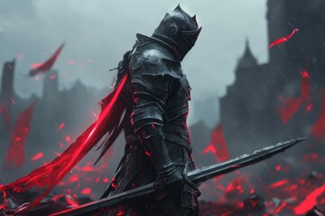 Naklejka premium A knight standing on a battlefield after victory, surrounded by fallen banners, weapons, and remnants of the fight