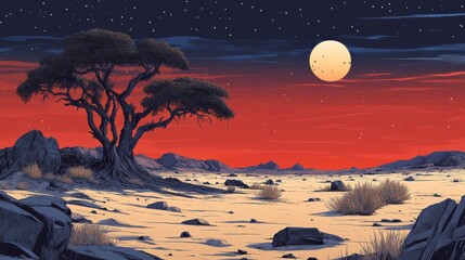 Fototapeta premium Solitary Acacia Tree Under a Crimson Night Sky and Full Moon