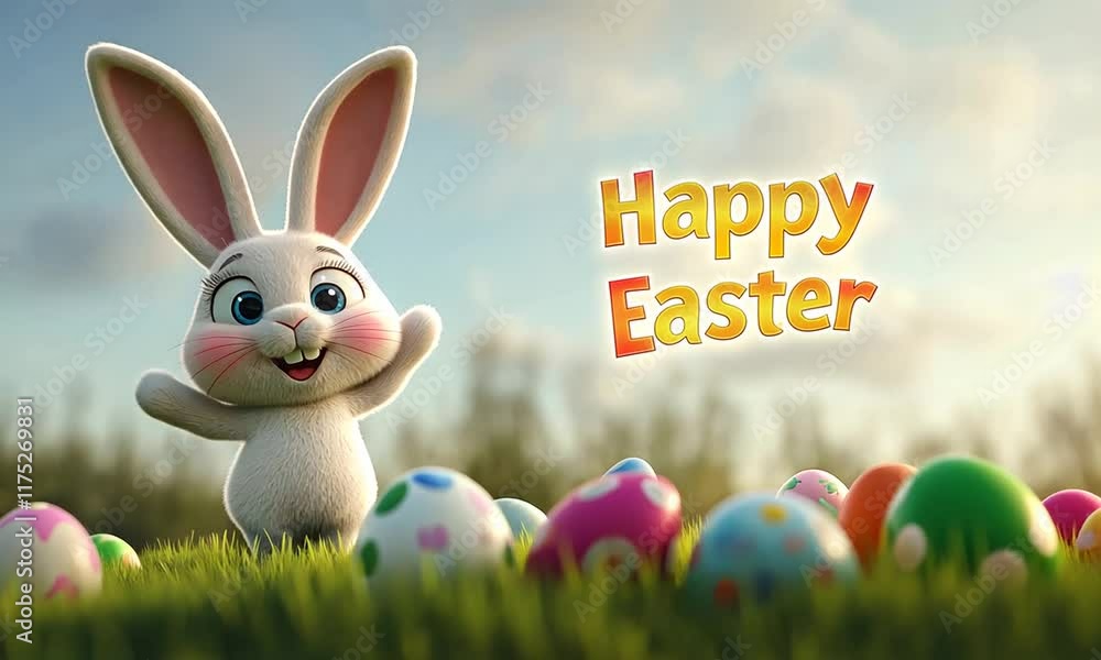 Poster a cartoon rabbit is standing in a field of easter eggs. the rabbit is smiling and he is happy. the b