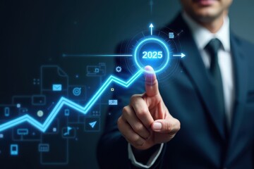 Obraz premium a man in a suit touching a graph with the words 2020