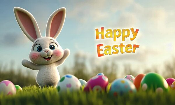 A cartoon rabbit is standing in a field of Easter eggs. The rabbit is smiling and he is happy. The background is a bright blue sky with fluffy clouds. Concept of joy and celebration