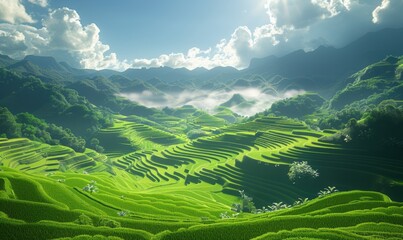 绿色山间稻田梯田农业自然生态背景