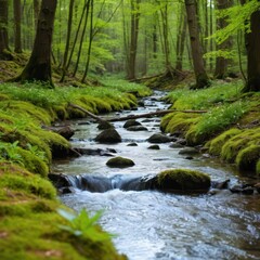 a stream runs through a lush green forest