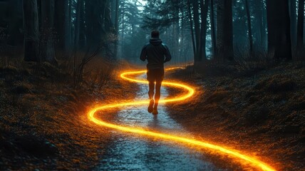 Obraz premium A runner jogs along a winding path illuminated by a glowing trail in a serene forest setting at dusk.
