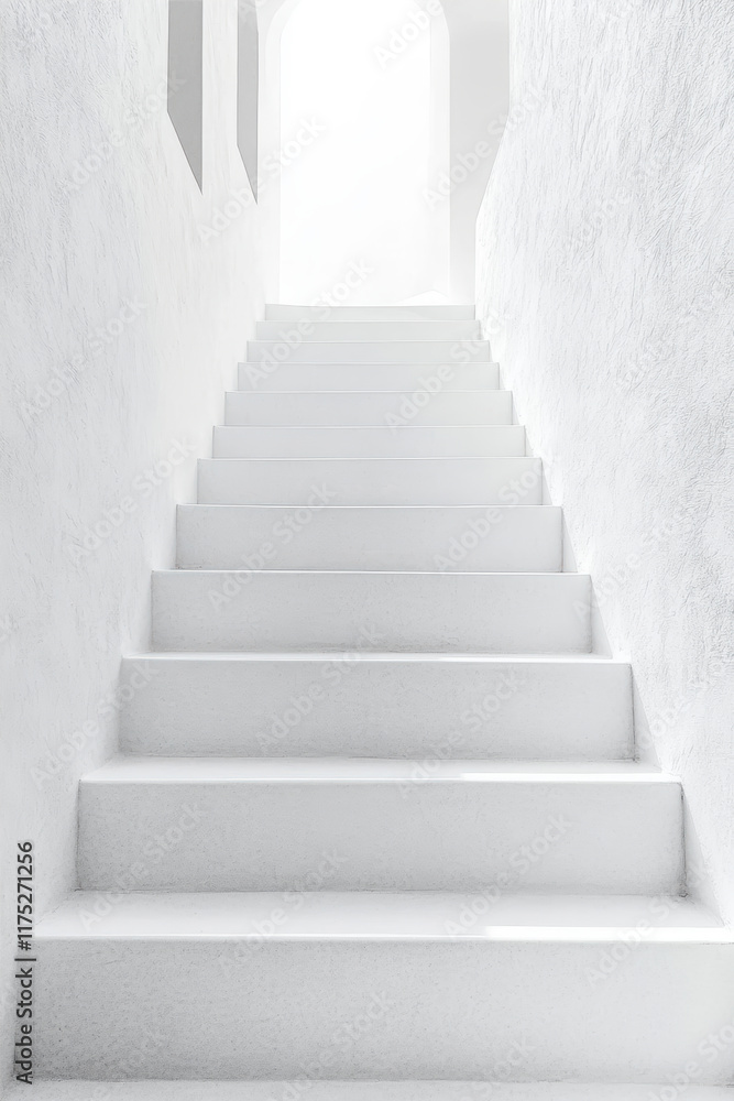 Poster elegant ascent on minimalist white stairs showcasing textured surfaces and soft light illuminating t