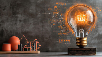 Minimalist design with a burning light bulb as the central element, accentuating the emergence of the Idea, abstract elements on the left side to balance the composition.