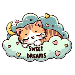 Sticker little ginger kitten sleeping in clouds near to moon, hearts and sweet dreams inscription. Hand drawn image.