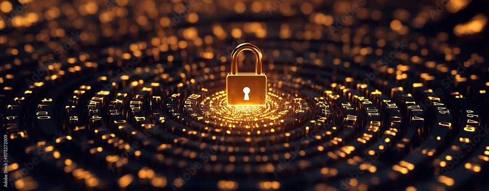 Poster golden padlock on data stream: digital security concept