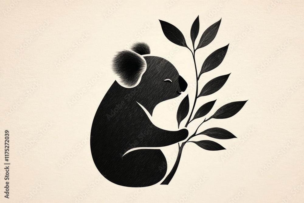 Poster a minimalist design of a koala silhouette clinging to a tree branch, drawn in soft grey tones on a w
