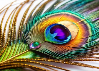 Obraz premium Stunning Aerial View of a Vibrant Peacock Feather with Iridescent Colors Isolated on White