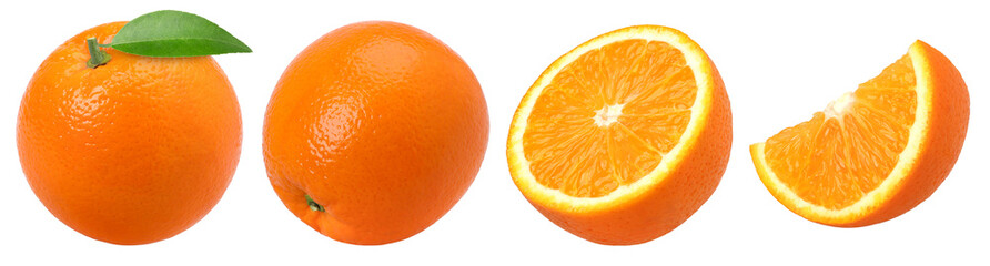 Orange fruit with leaves, half and slices isolated, Orange fruit macro studio photo, transparent...