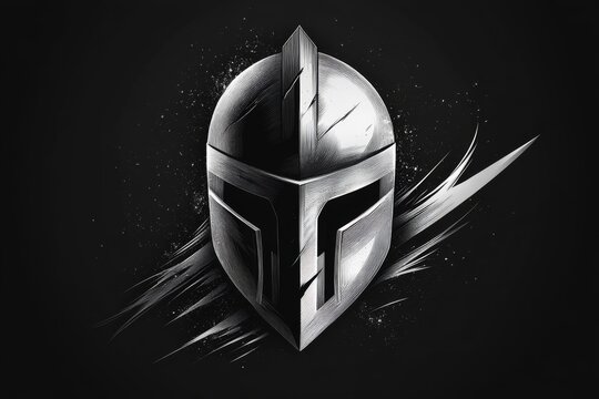 A minimalist line drawing of a knight helmet with clean curves, bold lines, and a subtle cross motif