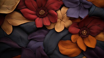 A rich tapestry of handcrafted flowers in deep jewel tones.  The intricate details and autumnal palette create a luxurious and elegant feel.