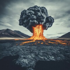 Obliterated landscapes after a massive eruption, volcano eruption destruction, devastating force, abstrack background, no blur, photo not dark, everything is clear, copy space