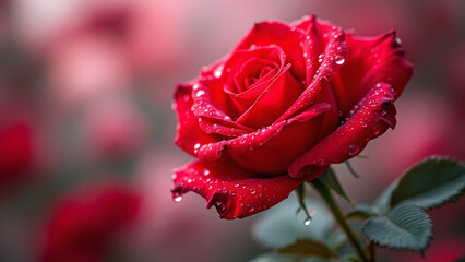 Red rose with droplets representing love and romance against a blurred soft pink background.