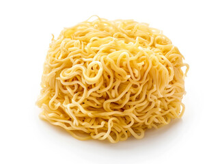 Large pile of yellow dry instant noodles on a white background