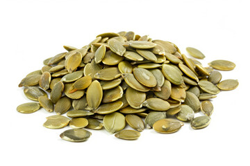 Heap of green pumpkin seeds isolated on white background