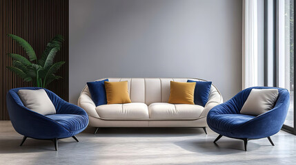 Japandi-style living room featuring a blue armchair and beige sofa in a minimalist design