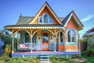 Fototapeta premium A whimsical Victorian home with scalloped shingles, colorful siding, and a charming front porch swing