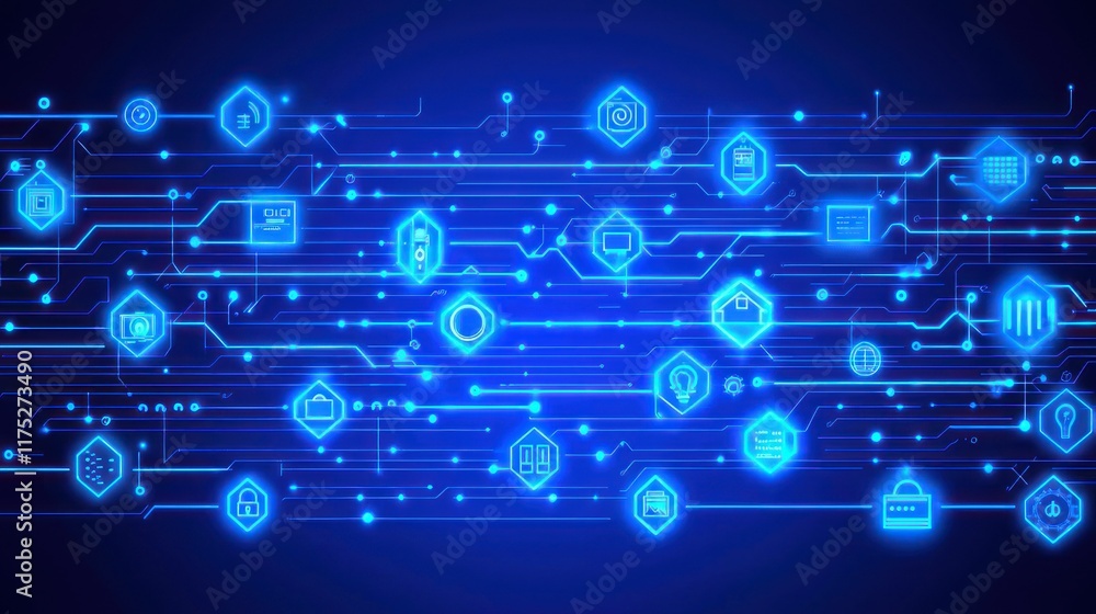Poster abstract digital network: illuminated circuit board with glowing icons