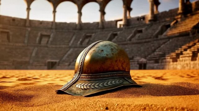 A gladiator helm in the sand of the arena