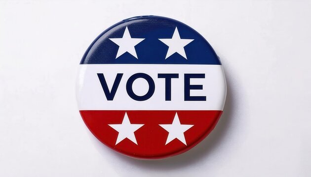 Red, white, and blue political campaign button with bold "VOTE" text, stars, and stripes, symbolizing American elections and voter participation.







