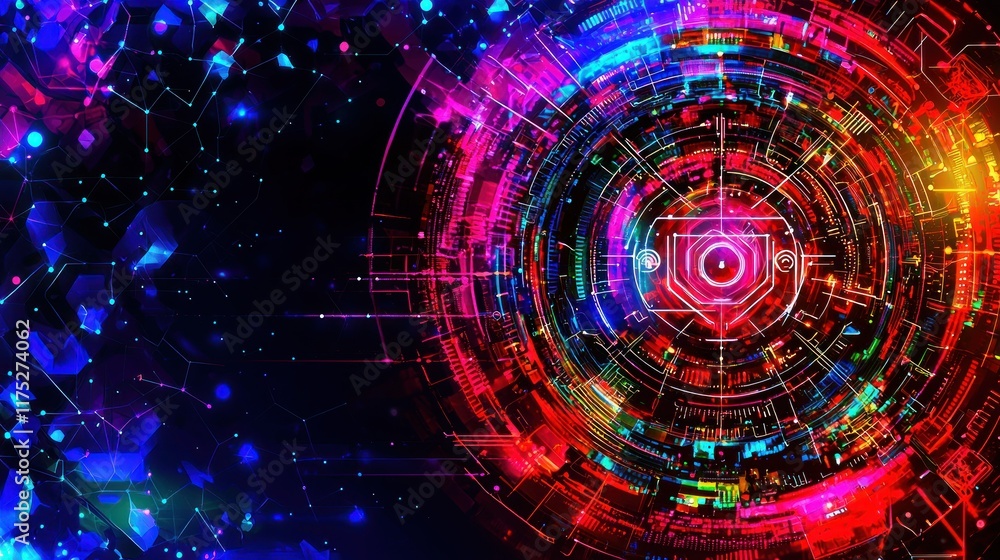 Poster abstract digital artwork: vibrant swirling network of interconnected nodes and circuits, radiating e