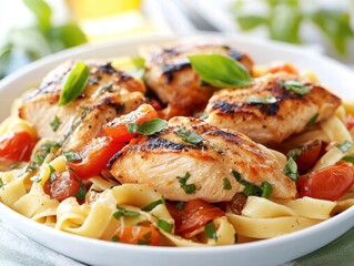 A plate of chicken and pasta with tomatoes and basil