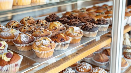 A display of assorted muffins arranged neatly in a glass showcase, showcasing a variety of flavors and toppings, enticing for any pastry lover.