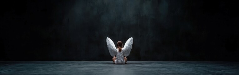 Child with angel wings sitting on a dark stage during a performance