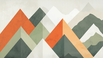 A mountain-inspired abstract background with angular shapes in earthy tones of gray, green, and terracotta.