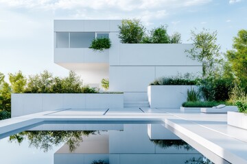 Fototapeta premium A white minimalist house with clean concrete walls, a rooftop garden, and a reflective water feature