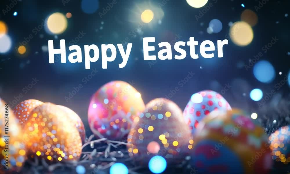 Poster a colorful bunch of easter eggs are scattered on a dark background. the eggs are decorated with glit