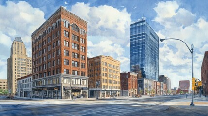 Obraz premium A Sunny Day Cityscape Featuring Brick and Glass Buildings