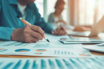 Professional Team Collaboration in Modern Office Setting with Focus on Financial Reports, Charts, and Digital Devices