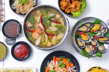 Thai favorite food on white table. Food for dinner.
