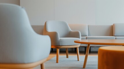 Modern event space and cafe with minimalist design, featuring sleek furniture and ambient lighting