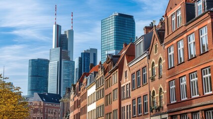 Obraz premium Modern Skyscrapers Rise Above Historic Brick Buildings