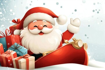 A playful 2D illustration of Santa Claus flying with his sleigh, surrounded by colorful gifts on a white background